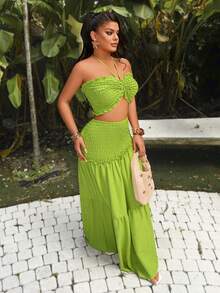 AIJ Amarilo Women Sexy Cold-Shoulder Bandeau Maxi Dress Set, Suitable For Summer Beach Vacation - Green - View 6
