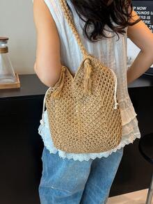 新款休闲手提包，手工草编大容量沙滩包，镂空设计 - 卡其色 - 查看 2