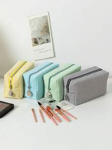 1个条纹刺绣大容量化妆包，便携多功能化妆品收纳包，简约铅笔盒，适合旅行、办公、上学、日常通勤、浴室、返校季，送给女性和女孩的礼物，化妆包，化妆品收纳包，洗漱包，化妆袋，洗漱包，旅行包，度假必备，女士礼物 - 彩色 - 查看 3