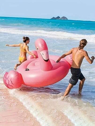 1个火烈鸟造型充气泳池漂浮垫，带手柄，成人尺寸，采用耐用PVC材料制成，轻便舒适，适合沙滩和泳池派对。