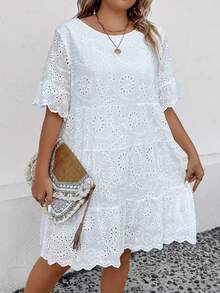 Plus Size Women Solid Color Embroidered Vacation Dress Elegant White Summer - White - View 6