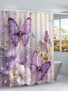 4pcs Gold & Purple Butterfly Pattern Shower Curtain With 12pcs Plastic Hooks, Bathroom Anti-Slip Mat, U-Shaped Toilet Lid Cover, Modern Home Bathroom Accessories - Multicolor - View 4