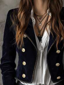 Chaqueta blazer de mujer con ribete de color contrastante en estilo retro - Azul Marino - Ver 4