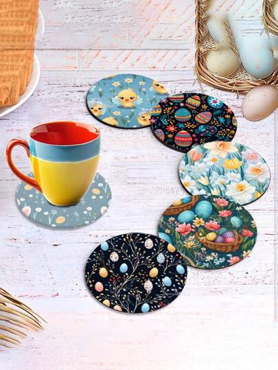 طقم 6 قطع من الأواني الخشبية المزينة بالأزهار والأرانب لعيد الفصح - مصممة بألوان زاهية مع بيض البط والدجاج، مثالية لديكور الباتيو والمطبخ وغرفة المعيشة - هدية عيد الفصح المثالية للأصدقاء والعائلة، ديكور الحديقة، ديكور المنزل، وحصيرة عزل الحرارة.