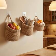1PC Macrame Handwoven Kitchen Hanging Storage Basket | Wall-Mounted Fruit And Vegetable Mesh Bag, Polyester, Boho Style - View 9