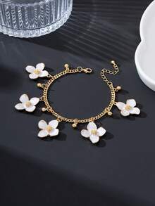 1 chiếc vòng chân mặt dây chuyền hình hoa bốn cánh màu trắng, kiểu dáng nghỉ mát mùa hè mới, làm thủ công dành cho nữ. - trắng - Xem 4