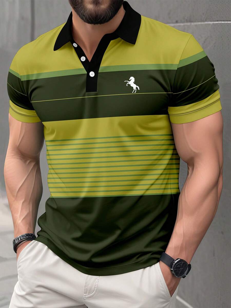 Plus Size Men's Casual Striped Print Short Sleeve Polo Shirt Sports - Yellow - View 1