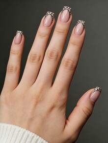 VV MEI JIA ER 24pcs Leopard Print French Square Short False Nails, French Design Glue-On Shiny Reusable Fake Nails, Comes With 1 Glue & 1 Nail File - Multicolor - View 2