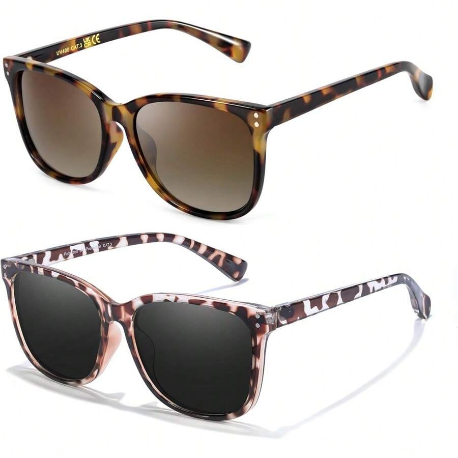 2 Packs Polarised Sunglasses For Women UV400 Protection Square Stylish Sun Glasses For Driving