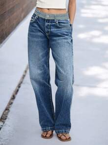 New Fashion Women's Jeans, Stylish Design, Color Blocking, Retro Straight Leg, Stretchy Fabric, Casual & Versatile Spring - Dark Wash - View 3