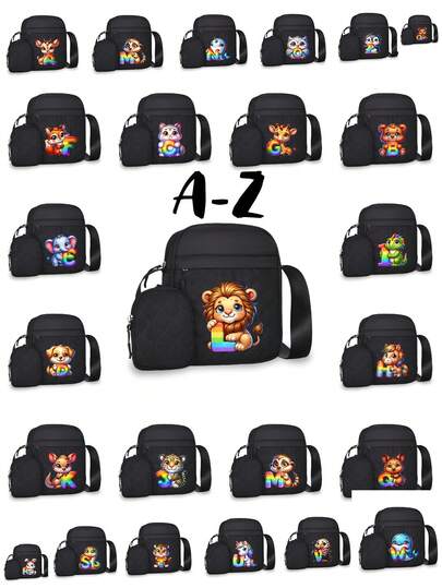 1个时尚优雅的男女通用黑色斜挎包，A-Z字母和动物印花图案，精美礼品之选，可调节肩带，宽敞的校园风单肩包，带可拆卸零钱包，非常适合休闲旅行和通勤。