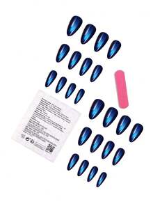 猫眼形按压美甲片，杏仁形，深蓝色闪光假指甲，中号，闪亮美甲按压片，亮面亚克力美甲，可爱闪亮黑色胶水美甲，适合女性小手，24片装 - 彩色 - 查看 8