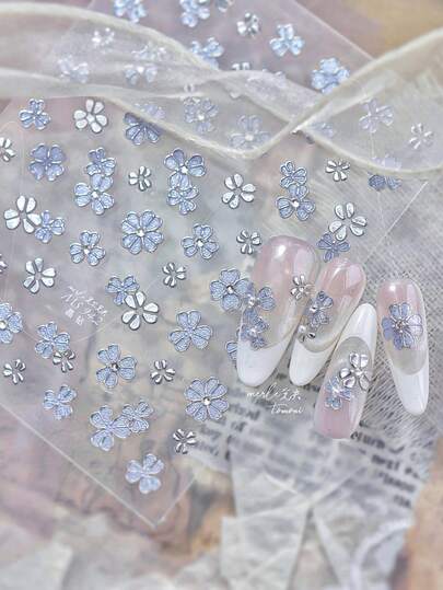 1 片银色水晶钻石 3D 立体花朵美甲贴纸，水钻自粘美甲配件，DIY 美甲贴纸装饰
