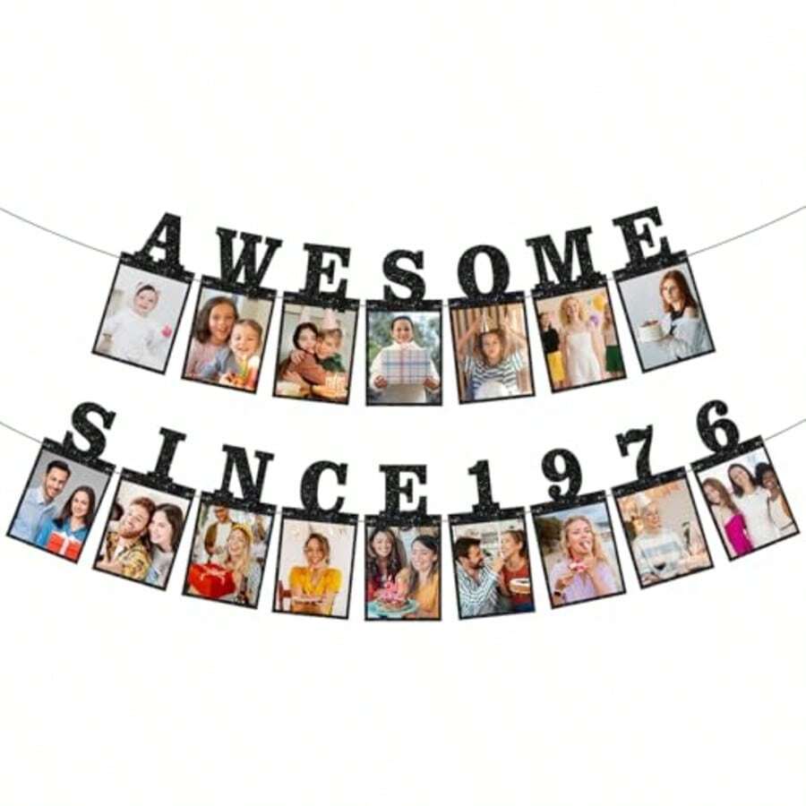 1套,黑色“Awesome Since 1976”DIY串珠照片横幅生日装饰,男女皆宜 - 黑色闪光50岁生日和周年纪念装饰派对用品,趣味闪光50岁生日装饰,男女周年纪念派对 - 1976-50歲 - 查看 1