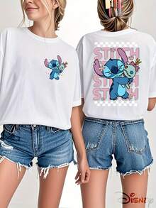 Disney Official Licensed, Lilo & Stitch, Stitch, Scrump, Retro Checkerboard, Double-Sided Print, 100% Cotton, Crew Neck T-Shirt, Playful  Style, Casual Wear, Spring & Summer Top, Disney Merch, Fan Collectible - White - View 1