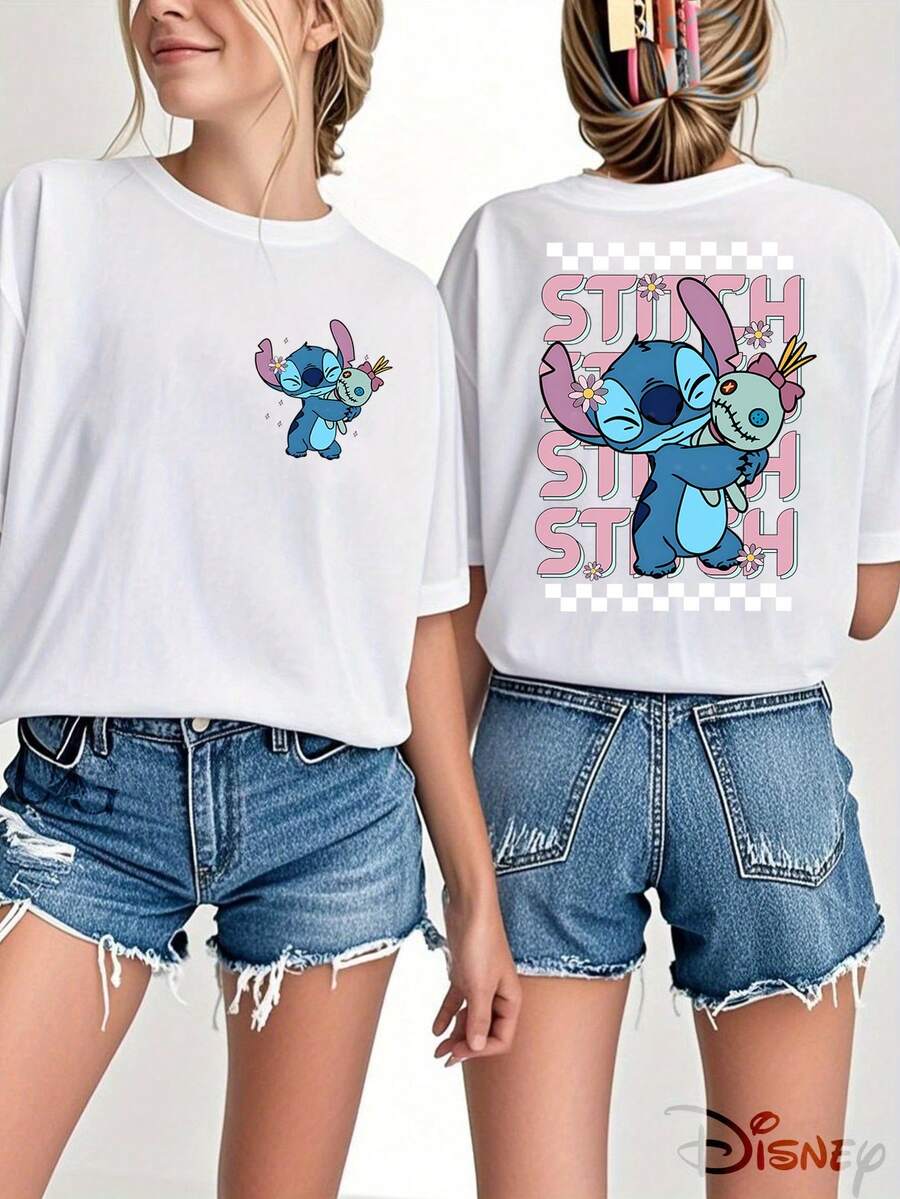 Disney Official Licensed, Lilo & Stitch, Stitch, Scrump, Retro Checkerboard, Double-Sided Print, 100% Cotton, Crew Neck T-Shirt, Playful  Style, Casual Wear, Spring & Summer Top, Disney Merch, Fan Collectible - White - View 1