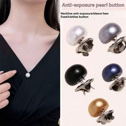 5pcs Faux Pearl Plastic Snap Buttons, Adjustable Clip-On Invisible Buttons, Shiny Spherical Navy Blue, Black, White, Gray, Champagne Color Buttons For Shirt, Dress, Jacket, Blouse Decoration, Durable And Easy To Use, Sparkling Buttons For Clothes, Garment Buttons, Craft Decorative Buttons, Cardigan Buttons, Women Coat Buttons