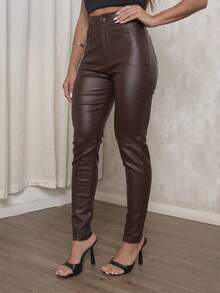 Imported PU Skinny, Flannel-Lined, Resin-Coated Pants With A Stripe. - màu nâu - Xem 3