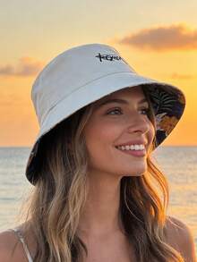 1pc Spring/Summer Korean Style Letter Embroidered Wide Brim Bucket Hat, Unisex, Reversible, Outdoor Sports Travel Beach Essential Sun Hat - Multicolor - View 3
