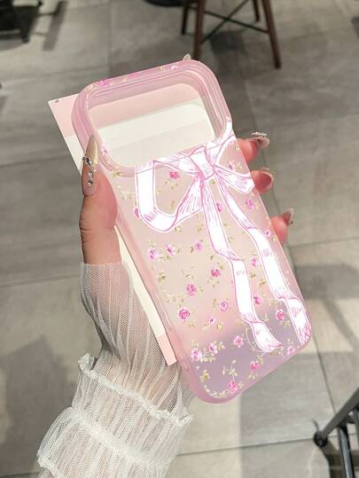 1pc Pink Rose & Big Bow Print Semi-Transparent Matte Anti-Fall Anti-Scratch Anti-Slip Phone Case, Compatible With IPhone 11/12/13/14/15/16/16 Plus/16 Pro/16 Pro Max/17/17 Pro/17 Pro Max, Suitable For Mothers, Mother's Day, Birthday, Girly Fans, Bow Aesthetics, Daily Use, Gifts For Mom, Mother's Day Gifts