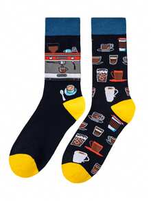 1 Pair Unisex Coffee Themed Socks - Asymmetric Coffee Machine And Cup Pattern Design, Creative Novelty Socks For Casual Daily Wear, Ideal Gift For Baristas And Coffee Lovers, Fashionable Leisure Socks All Year Round - Multicolor - View 3