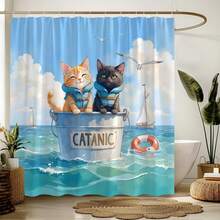 1件装海景动物猫咪图案浴帘，抽象海景猫咪印花浴帘，适用于各种房间浴室装饰隔断，浴室配件淋浴浴缸帘 - 趣味 - 查看 2