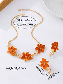 3件套女士首饰套装，复古简约优雅滴油花朵项链耳环套装，适合派对、宴会和日常佩戴 - 橘色 - 查看 2