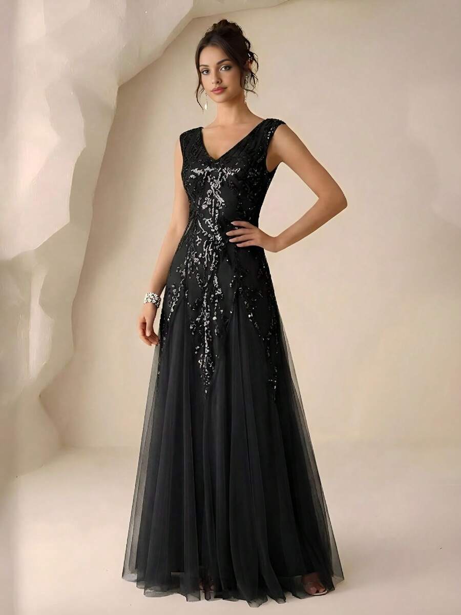 EVERPRETTY 女士优雅正式礼服，奢华派对晚礼服，黑色亮片领结正式连衣裙，V领喇叭下摆派对婚礼宾客礼服 春季