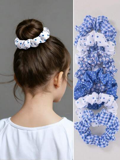 5pcs/Set Girls/Ladies Elegant Silk Fabric Solid Color, Plaid, Polka Dot, Floral Random Style Hair Scrunchies, Hair Ties, Hair Accessories For Daily Use