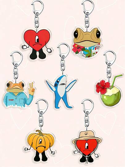 1 pieza Llavero de acrílico con corazón rojo de cantante de conejo malo, lindo encanto de bolso de rana y tiburón, lindo llavero colgante de teléfono, regalo de fan, accesorio de bolso, decoración interior de coche de estilo lindo de chica