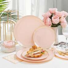 50/25/20/10/2pcs Pink Single Gold Rim Dinner Plates, Large Plate Size 10.25 Inches, Small Plate Size 7.5 Inches, Luxury High-End Tableware, Ideal For Family Gatherings, Birthday Parties, Outdoor Events, Holidays, Weddings And More. - Pink - View 10