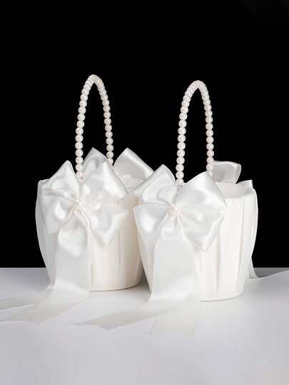 2 piezas Cestas de Flores de Niña con Asa de Perla Adorable y Lazo de Cinta, Acabado de Satén, Color Marfil, Suministros para Ceremonia de Boda