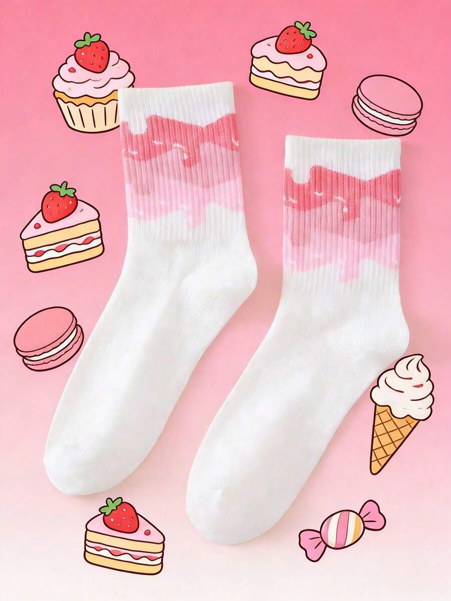 2 Pairs Women's Cream Ice Cream Patterned Casual Socks - Multicolor - View 1
