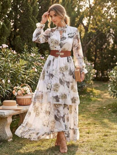 Long Woven Fabric Arabic Style Dress, Keyhole Neckline, Regular Long Sleeve, Multi-Layer Ruffle Hem