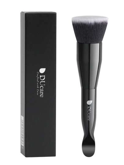 DUcare Dual-Ended Classic Black Foundation Brush, Featuring A Blending Brush On One End And A Spatula Brush On The Other, For Effortlessly Creating A Flawless And Even Makeup Look, Vegan And Cruelty-Free Professional Foundation Brush With Synthetic Fibers In A Flat Kabuki Style, Suitable For Both Liquid And Cream Foundations To Achieve A Seamless, Flawless, Full-Coverage Finish.