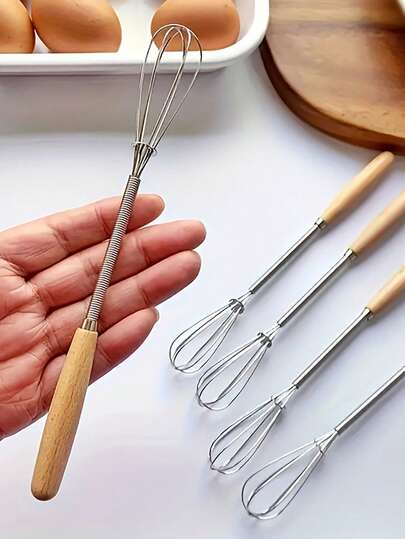 4pcs Mini Stainless Steel Wire Small Egg Whisk Cooking Frother Egg Beater Tiny Whisk With Wood Handle 20cm For Whisking, Beating, Blending Ingredients, Mixing Sauces