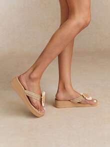 Tropiscape Women's Thick-Soled Wedge And High-Heeled Rope Slippers With Stair-Like Woven Grass Bottom, For Holiday And Island Travel - Beige - View 3