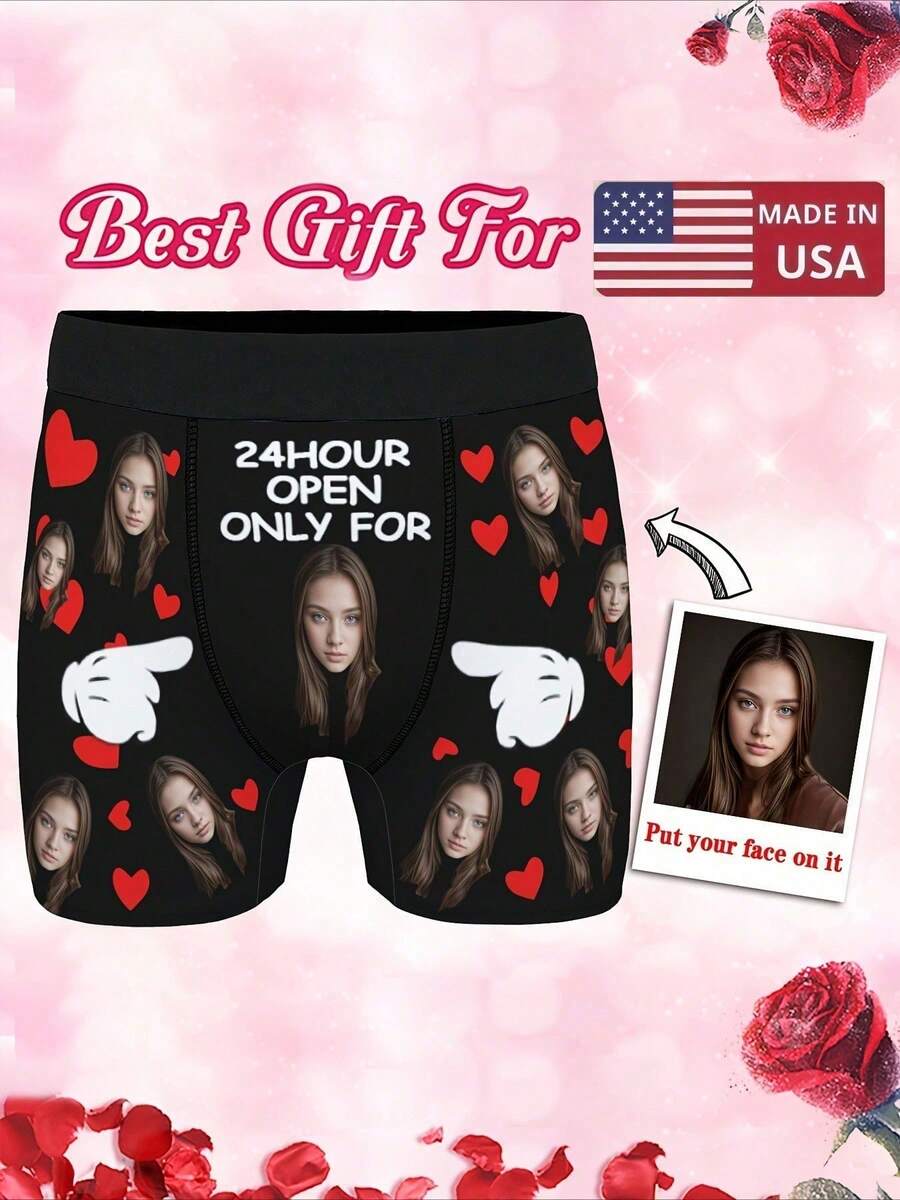 Custom Photo Men'S Boxer Briefs - Personalized Face Design, High-Elasticity Fabric, Valentine'S Day & Anniversary Gift For Him, Unique Romantic Gift For Boyfriend/Husband, Couple Matching Underwear, Cute Underwear, Anniversary Gift, Playful Design, Comfortable Fit, Durable Fabric - Black - View 1