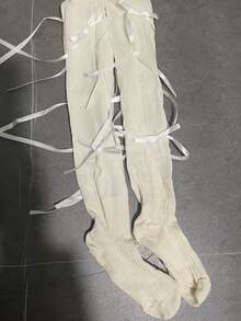 1 par de elegantes medias altas de mujer estilo ballet con encaje y borlas, decoración de lazo, transpirables y de moda, apropiadas para primavera/verano, mezcla de poliéster, estilo escolar lindo para muslo - Multicolor - Ver 12