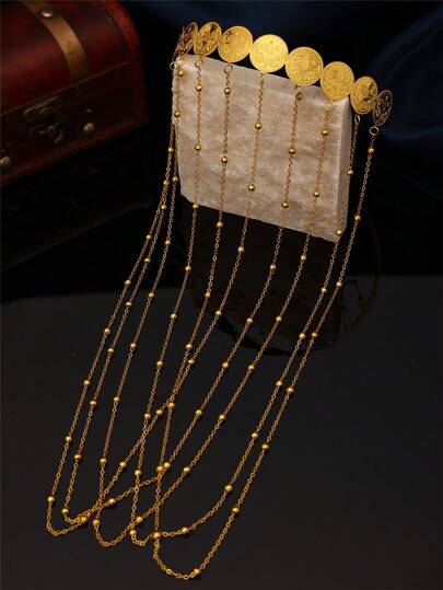 1pc Luxurious Gold Coin Crown Headpiece, Bridal Wedding Jewelry Tassel Decoration For Women
