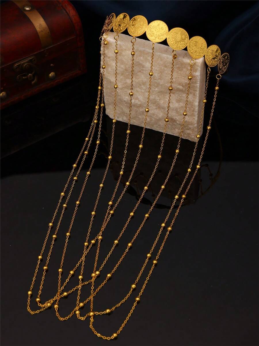1pc Luxurious Gold Coin Crown Headpiece, Bridal Wedding Jewelry Tassel Decoration For Women - Crown - View 1