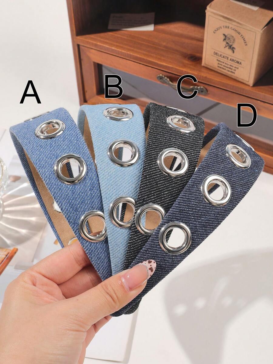 1件蓝色帆布条纹金属环镂空宽发箍，精致休闲简约通勤发饰 - 彩色 - 查看 1