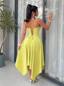 AIJ Women's Green Elegant Cami Strap Ruched Waist Asymmetrical Hem Midi Dress For Summer Beach Vacation & Party - Green - View 2