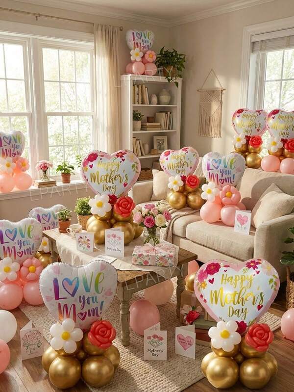 14pcs/Set Mother's Day Decoration Balloon Set, 18-Inch Heart Foil Balloon With "Happy Mother's Day" Slogan, Floral Print, 10-Inch Gold Latex Balloons, 10-Inch Pastel Pink Latex Balloons, Suitable For Mom Birthday, Wife Birthday Decor