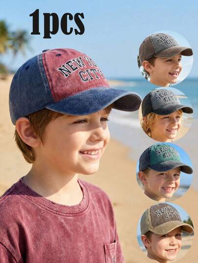 3-8Y Kids Retro Washed Contrast Color Baseball Cap, Letter Embroidered, Casual Sun Hat, Suitable For All Seasons, Summer