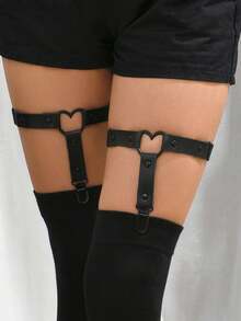 1件性感黑色心形腿吊袜带，前卫镂空弹力吊袜带 - 黑色 - 查看 6