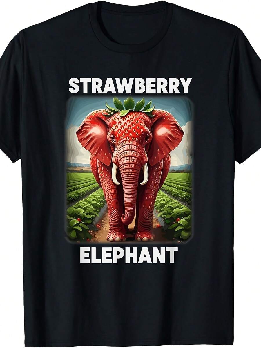 Camiseta de Gaming con Meme 'Strawberry Elephant Italian Brainrot', Camisetas de Algodón Suave para una Comodidad Óptima en Primavera o Verano, Tallas 120-160 - Negro - Ver 1