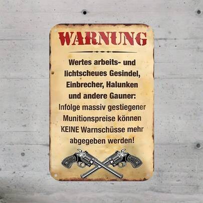 Vintage German Warning Sign With Humorous Revolver Design - 8"X12" Rustic Metal Plaque For Gun Safety, Perfect For Western Bar Decor & Caves For Men
