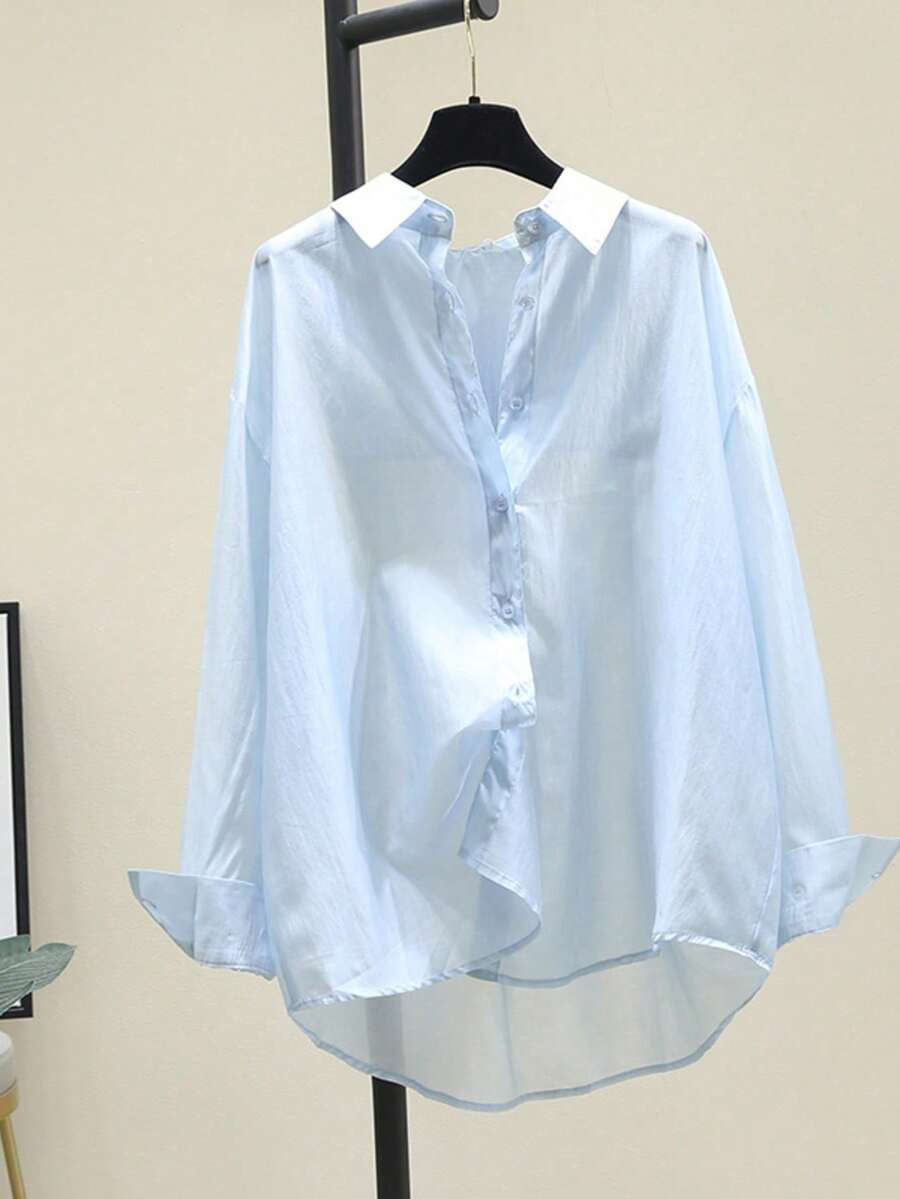 Women's Solid Color Drop Shoulder Long Sleeve Single-Breasted Casual Semi-Sheer Blouse Spring - Light Blue - View 1