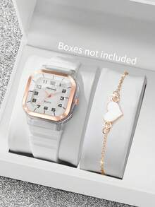 2pcs/Set Women's Silicone Square Watch With Numeric Dial, Classic Quartz Wristwatch + Heart-Shaped Bracelet (Watch Box Not Included) - White - View 9